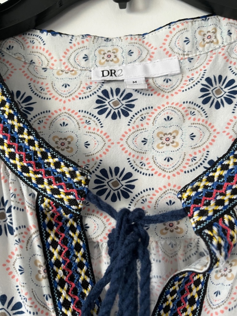 DR2 Navy, White & Tan Embroidered Tassel-Neck Blouse - Picture 2 of 2